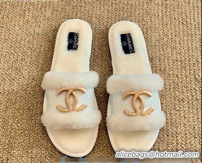 Well Crafted Chanel Wool Leather Flat Slide Sandals C81904 White 2020