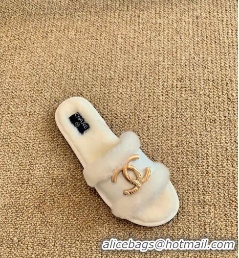 Well Crafted Chanel Wool Leather Flat Slide Sandals C81904 White 2020