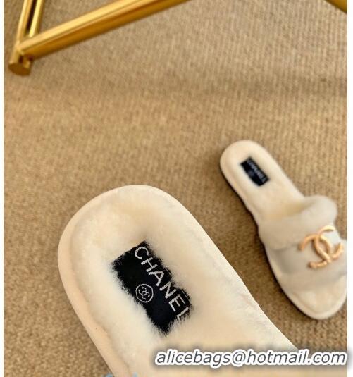 Well Crafted Chanel Wool Leather Flat Slide Sandals C81904 White 2020