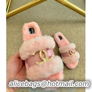 Low Cost Chanel Wool Leather Flat Slide Sandals C81901 Pink 2020