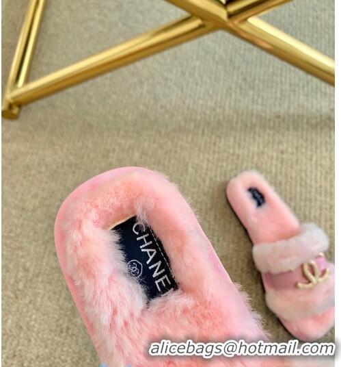 Low Cost Chanel Wool Leather Flat Slide Sandals C81901 Pink 2020