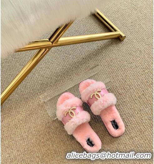 Low Cost Chanel Wool Leather Flat Slide Sandals C81901 Pink 2020