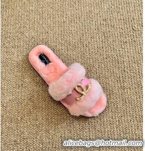 Low Cost Chanel Wool Leather Flat Slide Sandals C81901 Pink 2020