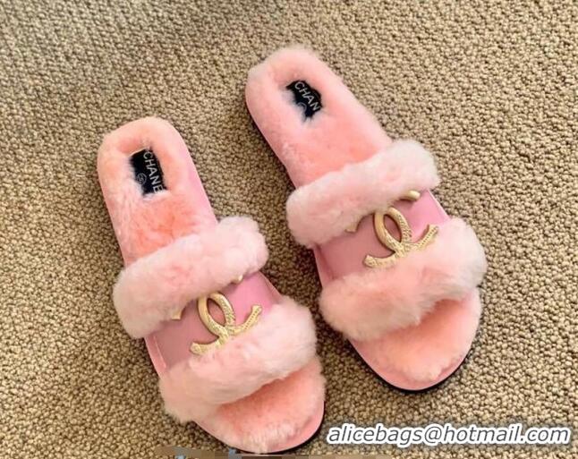 Low Cost Chanel Wool Leather Flat Slide Sandals C81901 Pink 2020