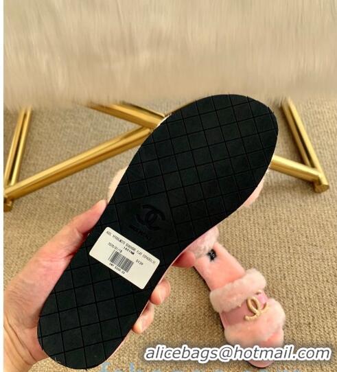 Low Cost Chanel Wool Leather Flat Slide Sandals C81901 Pink 2020