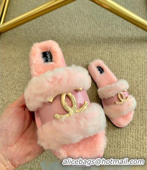 Low Cost Chanel Wool Leather Flat Slide Sandals C81901 Pink 2020