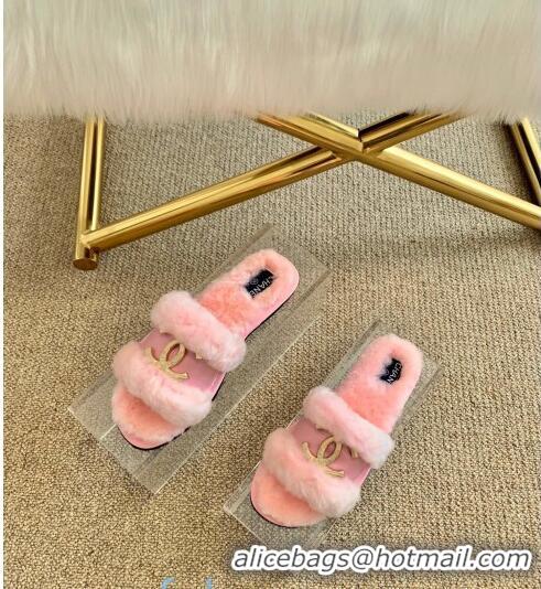 Low Cost Chanel Wool Leather Flat Slide Sandals C81901 Pink 2020