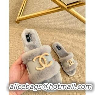 Good Product Chanel Wool Leather Flat Slide Sandals C81902 Gray 2020