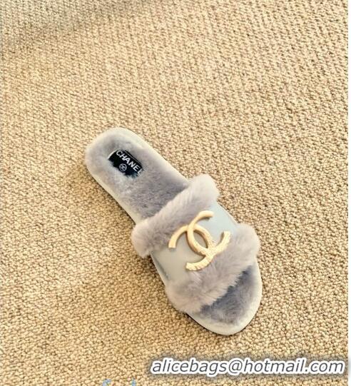 Good Product Chanel Wool Leather Flat Slide Sandals C81902 Gray 2020