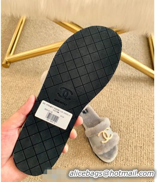 Good Product Chanel Wool Leather Flat Slide Sandals C81902 Gray 2020