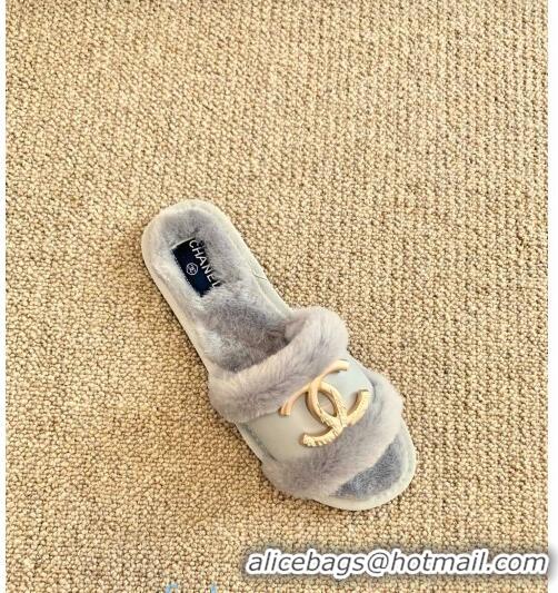 Good Product Chanel Wool Leather Flat Slide Sandals C81902 Gray 2020