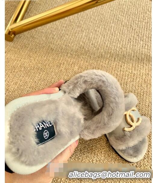 Good Product Chanel Wool Leather Flat Slide Sandals C81902 Gray 2020