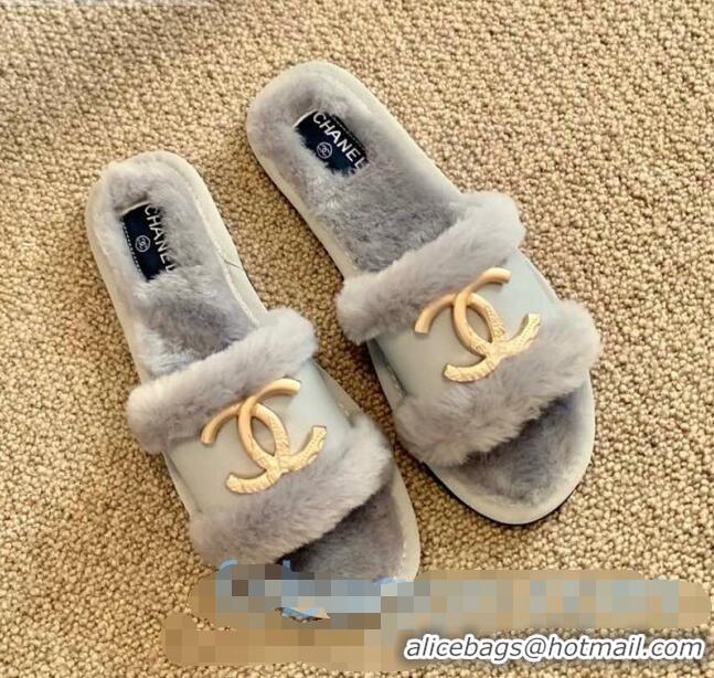 Good Product Chanel Wool Leather Flat Slide Sandals C81902 Gray 2020