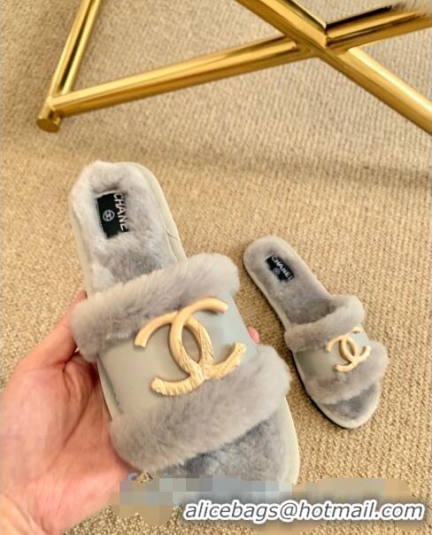 Good Product Chanel Wool Leather Flat Slide Sandals C81902 Gray 2020