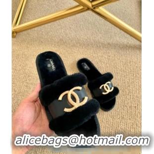 Top Design Chanel Wool Leather Flat Slide Sandals C81903 Black 2020