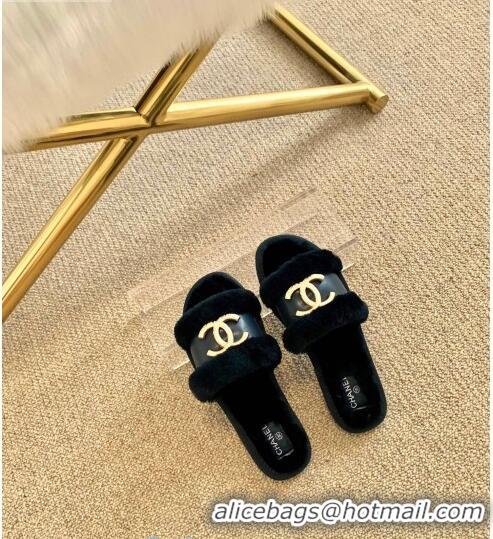 Top Design Chanel Wool Leather Flat Slide Sandals C81903 Black 2020