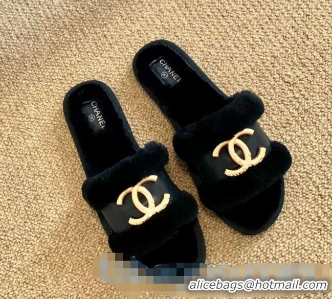 Top Design Chanel Wool Leather Flat Slide Sandals C81903 Black 2020