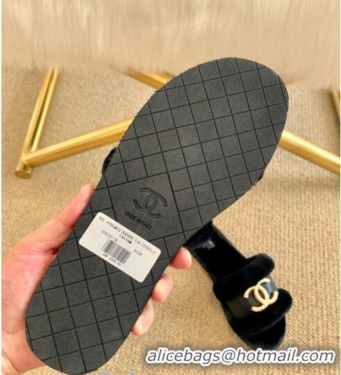 Top Design Chanel Wool Leather Flat Slide Sandals C81903 Black 2020