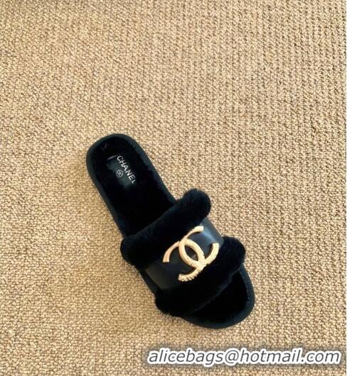 Top Design Chanel Wool Leather Flat Slide Sandals C81903 Black 2020