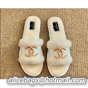 New Design Chanel Wool Leather Flat Slide Sandals 82804 White 2020