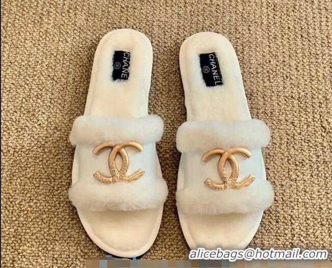 New Design Chanel Wool Leather Flat Slide Sandals 82804 White 2020