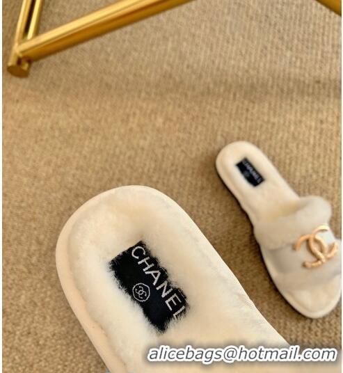 New Design Chanel Wool Leather Flat Slide Sandals 82804 White 2020