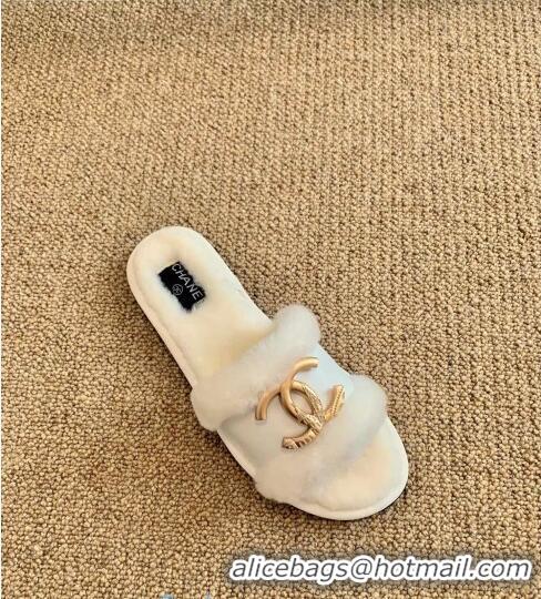 New Design Chanel Wool Leather Flat Slide Sandals 82804 White 2020