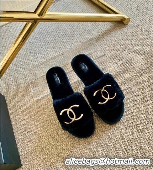 Top Quality Chanel Wool Leather Flat Slide Sandals 82805 Blue 2020