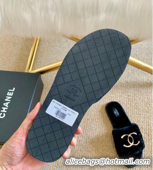 Top Quality Chanel Wool Leather Flat Slide Sandals 82805 Blue 2020