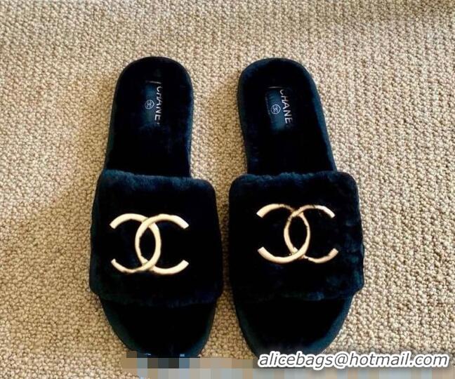 Top Quality Chanel Wool Leather Flat Slide Sandals 82805 Blue 2020