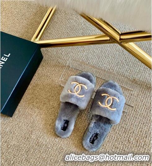 Well Crafted Chanel Wool Metal CC Flat Slide Sandals C28276 Gray 2020