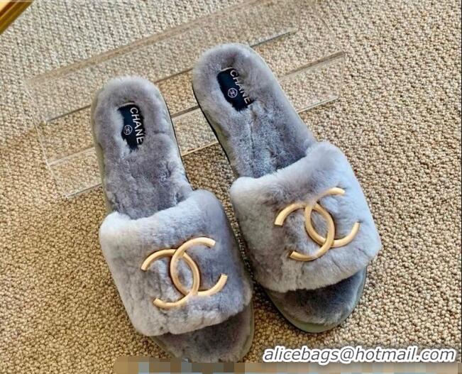 Well Crafted Chanel Wool Metal CC Flat Slide Sandals C28276 Gray 2020