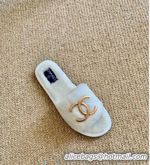 Popular Style Chanel Wool Metal CC Flat Slide Sandals C28276 White 2020