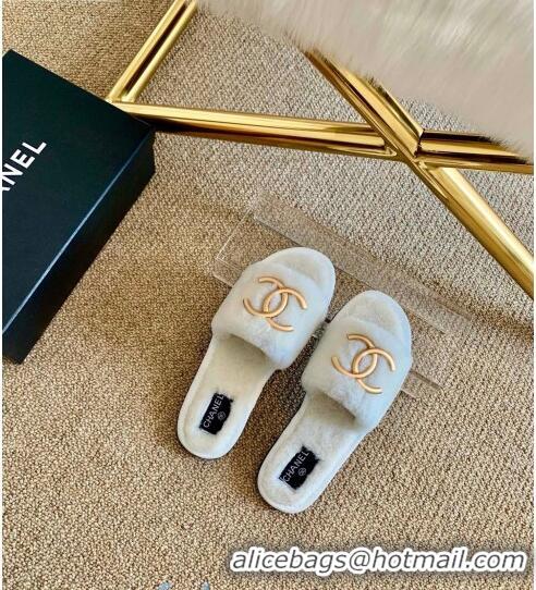 Popular Style Chanel Wool Metal CC Flat Slide Sandals C28276 White 2020