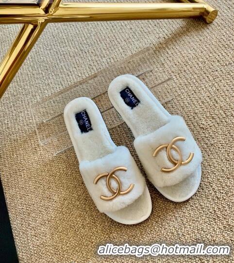 Popular Style Chanel Wool Metal CC Flat Slide Sandals C28276 White 2020