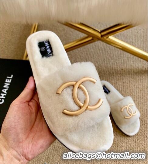 Popular Style Chanel Wool Metal CC Flat Slide Sandals C28276 White 2020