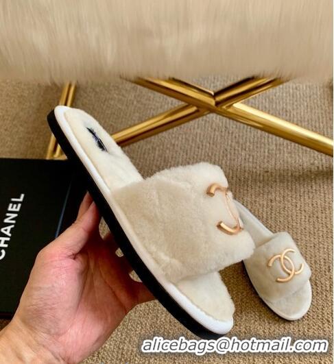 Popular Style Chanel Wool Metal CC Flat Slide Sandals C28276 White 2020