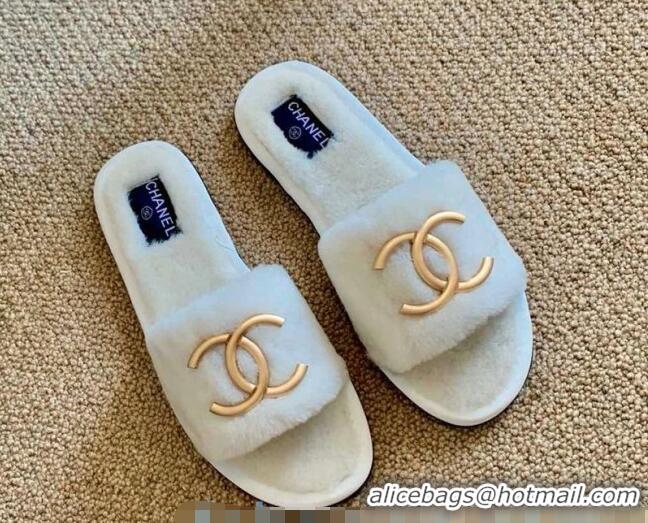 Popular Style Chanel Wool Metal CC Flat Slide Sandals C28276 White 2020