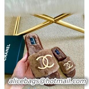 Best Product Chanel Wool Metal CC Flat Slide Sandals C28276 Brown 2020