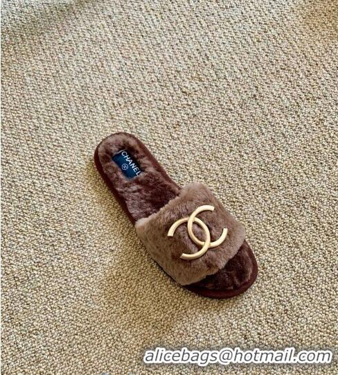 Best Product Chanel Wool Metal CC Flat Slide Sandals C28276 Brown 2020