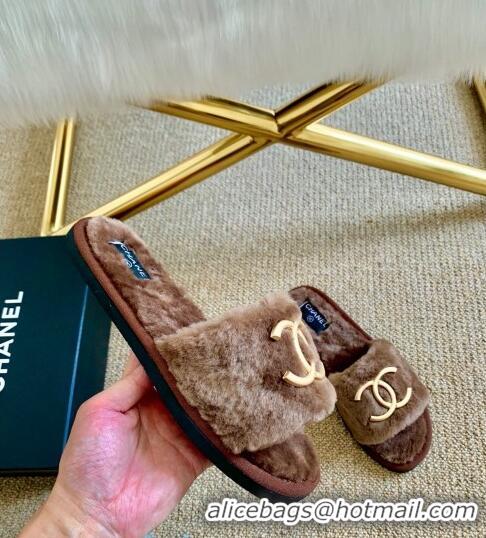 Best Product Chanel Wool Metal CC Flat Slide Sandals C28276 Brown 2020