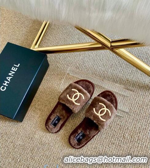 Best Product Chanel Wool Metal CC Flat Slide Sandals C28276 Brown 2020