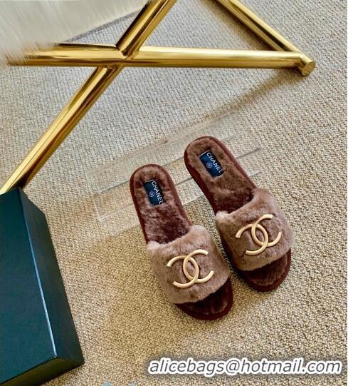 Best Product Chanel Wool Metal CC Flat Slide Sandals C28276 Brown 2020