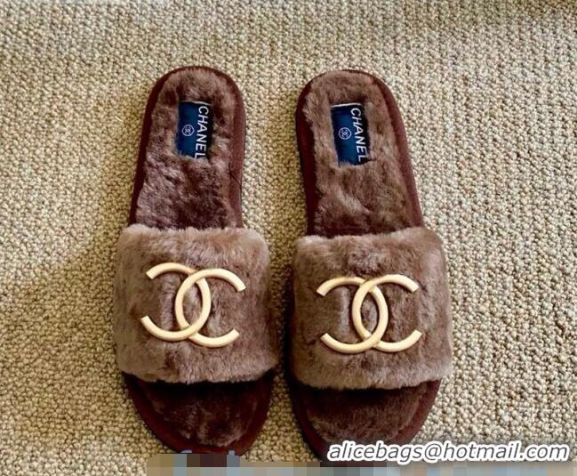 Best Product Chanel Wool Metal CC Flat Slide Sandals C28276 Brown 2020