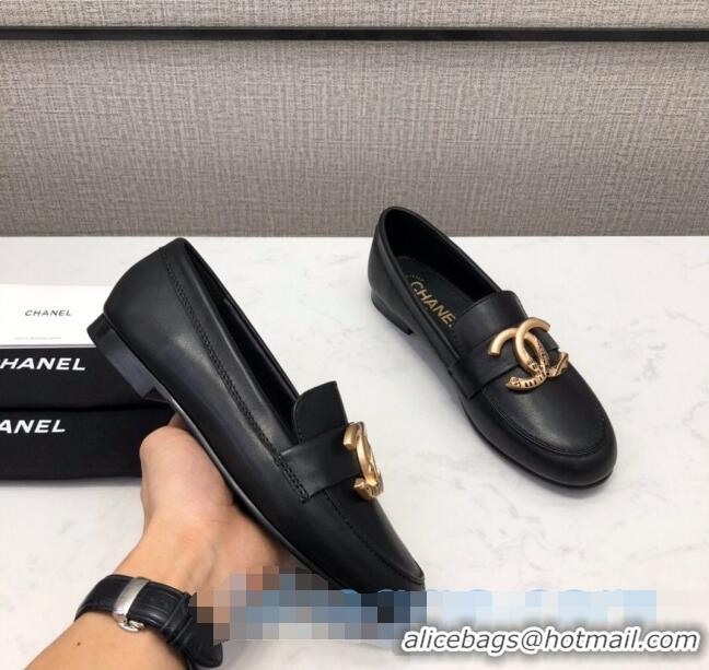 Wholesale Chanel Lambskin Metal CC Flat Loafers C2831 Black 2020