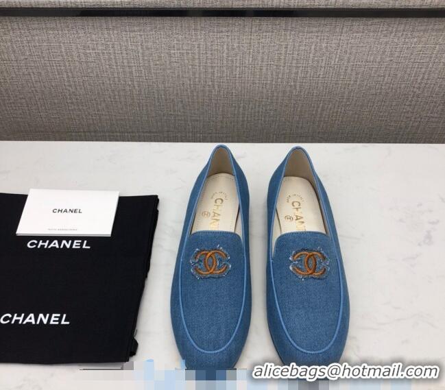 Discount Chanel Denim CC Patch Flat Loafers C2832 Light Blue 2020