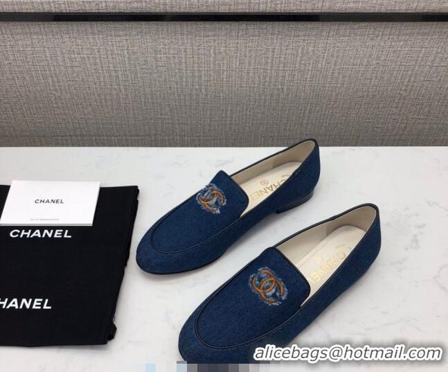 New Design Chanel Denim CC Patch Flat Loafers C2832 Dark Blue 2020