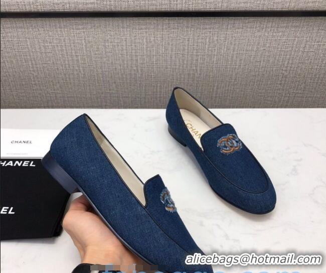 New Design Chanel Denim CC Patch Flat Loafers C2832 Dark Blue 2020