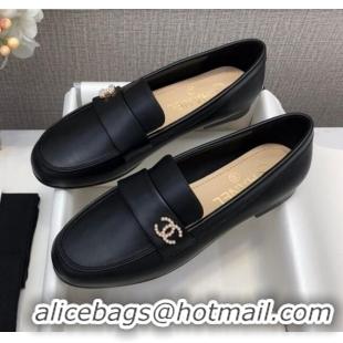 Best Price Chanel Lambskin Pearl CC Flat Loafers C2833 Black Leather 2020