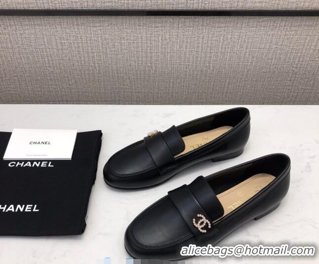 Best Price Chanel Lambskin Pearl CC Flat Loafers C2833 Black Leather 2020